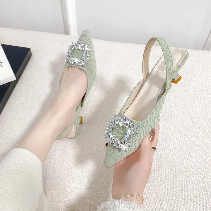 Women Pumps 2024 New Sandals Goddess Style French Gentle Rhinestone Pointed Back Strap Thick Heels Wedding Shoes
