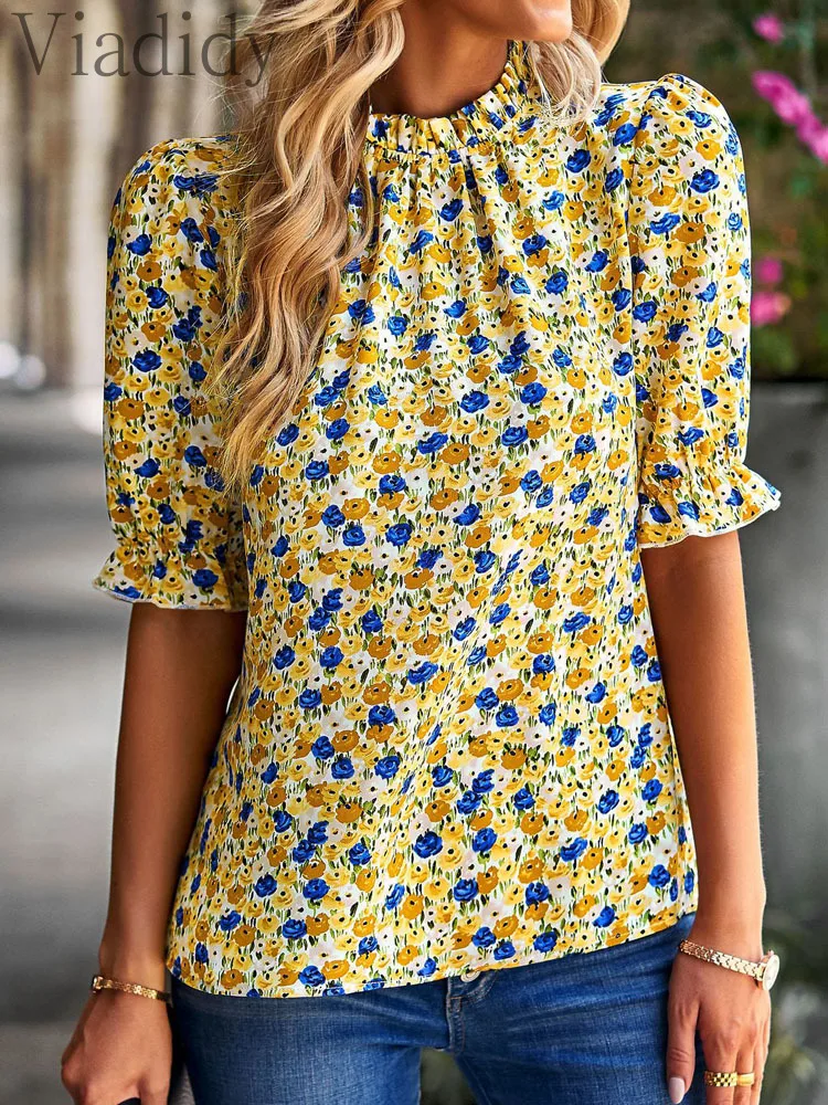 

Summer Women Floral Print Puff Sleeve Casual Blouse