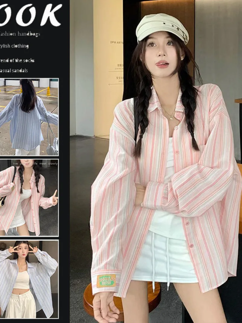 

Полосатая рубашка для женщин на раннюю осень, свободный облегающий и приталенный Универсальный кардиган, рубашка-поло с воротником, топ с длинными рукавами 0HCN