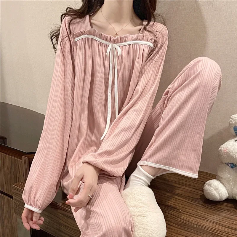 Women's Spring and Autumn Pajamas Set Women's Long-Sleeved Long Trousers Pajamas Homewear Sweet Leisure Homewear Loose Set