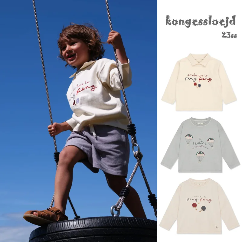 

23 Spring Summer New Kids T-Shirts Ks Boy Girl Ping Pong Embroidered Lapel T Shirt Shirty Parachute Pattern Long-sleeved Tops
