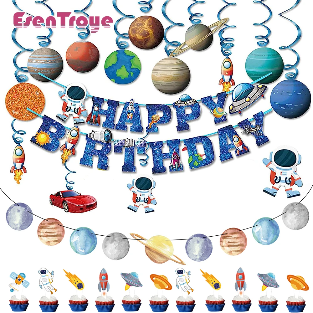 Raumfahrer-Geburtstagsbanner, Planetengirlande, Wirbel, hängende Dekoration, Luft- und Raumfahrt-Kuchenaufsatz, Astronauten-Ballon, Weltraum-Partygeschenk