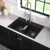 33 Inch Dual Mount 50/50 Double Bowl Granite Black Kitchen Sink W/Drop in And Undermount Kitchen Sink Installation 2
