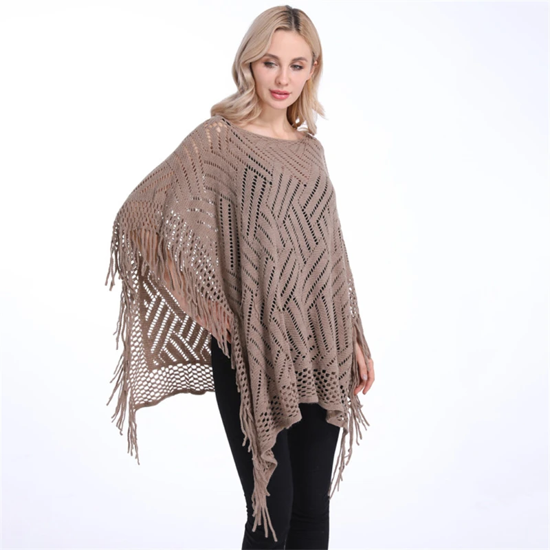 Women Spring Autumn Shawl Lady Knitted Two Way Wrap Solid Color Pullover Loose Hollow Out Sweater Fall Poncho with Tassel FPWP65 women cashmere feeling shawl lady classic plaid cape spring autumn retro cardigan winter cloak with tassels soft large blanket