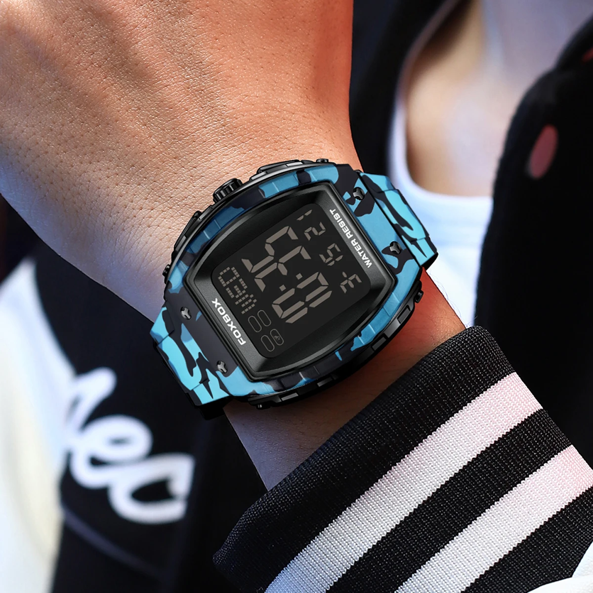 FOXBOX Military Camouflage Men Watch Sports Waterproof Digital Wristwatch LED Luminous Date Week Navy Blue Silicone Man Watches 4