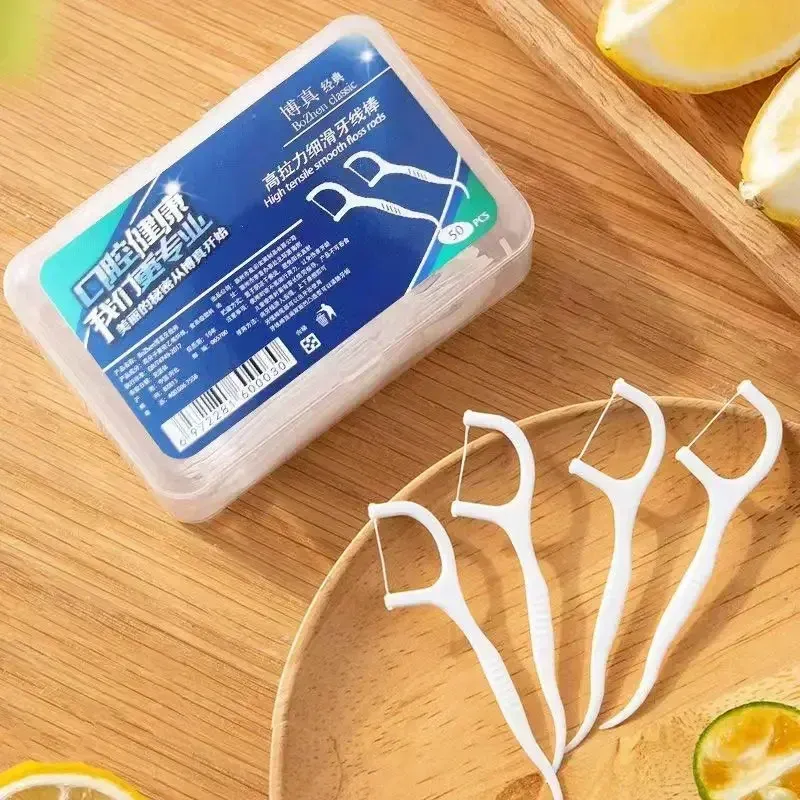 50Pcs/Box Portable Disposable Dental Floss Plastic Toothpick High-tension Dental Floss Stick Dental Floss Box ï»¿Oral Care ì¹ì¤ ëì¤íì