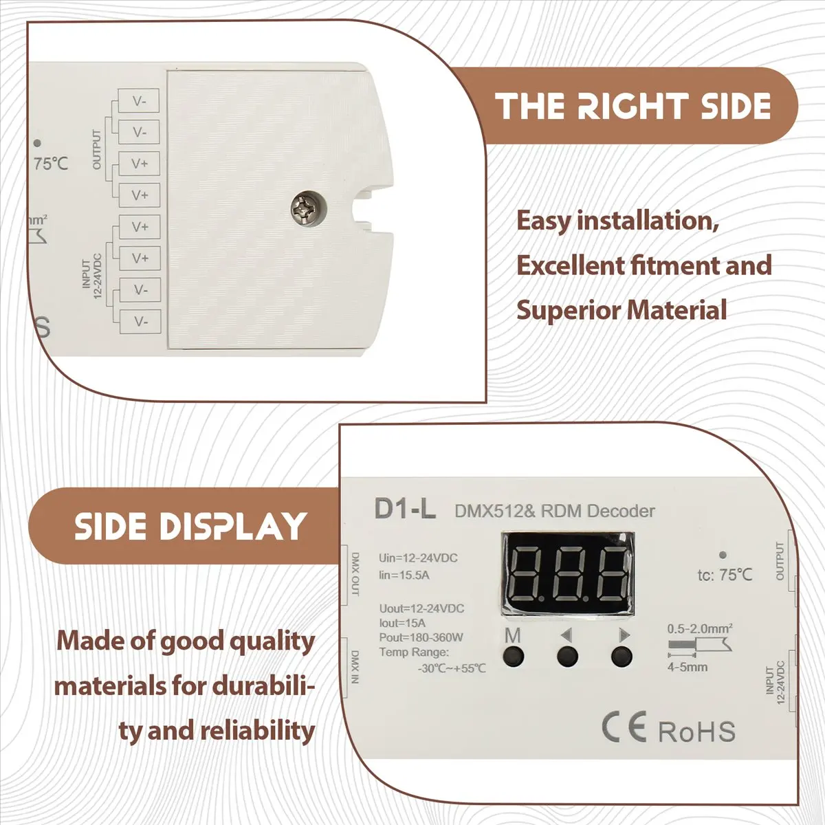《공장 직판》D1-L 흑백 DMX512 디코더 1CHx15A 12-24VDC PWM 주파수 단일 색상 LED 스트립 컨트롤러 버튼으로 주소 지정