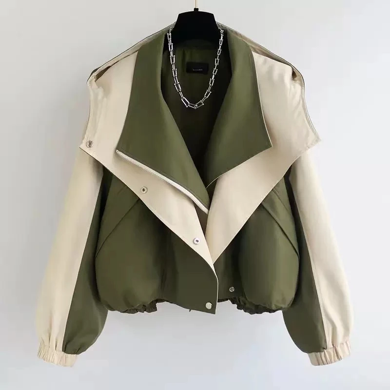 

Spring Autumn Short Windbreaker Jacket For Women 2024New Loose Hooded Office Trench Coat Korean Top Female Loose Spliced Outwear