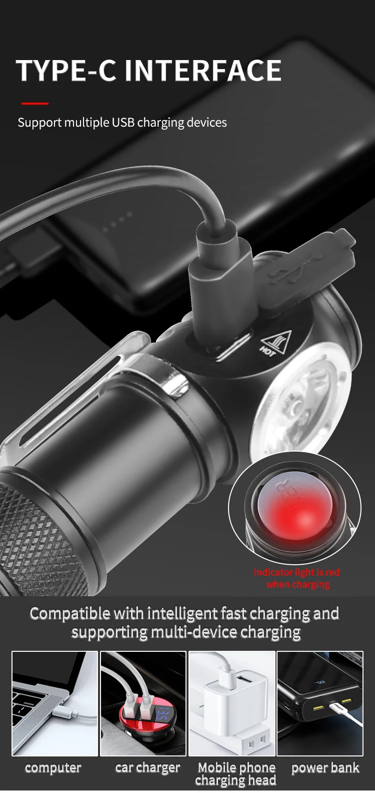 Powerful Head Flashlight 600lm P8 LED USB C Rechargeable