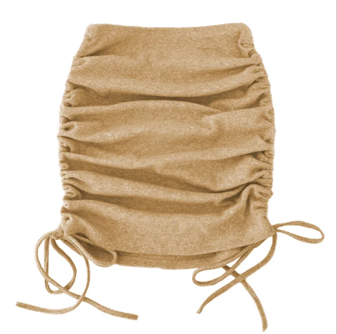 2021 Spring  Autumn Women's Knitting Thread Side Drawstring Elastic Pleated Skirt Sexy Slim Adjustable Buttock Skirt Girl Gray skirts for women Skirts