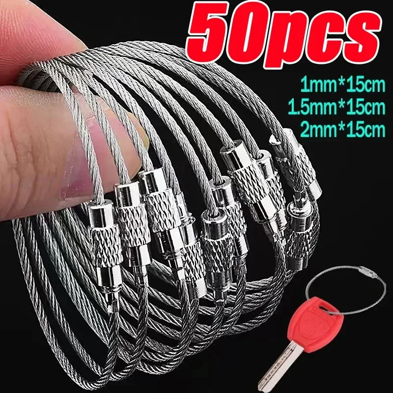 Metal Keychain Tag Ropes Stainless Steel Wire Cable Loop Screw Lock Gadget Ring Key Keyring Circle Camp Hanging Tool Hardware metal keychain