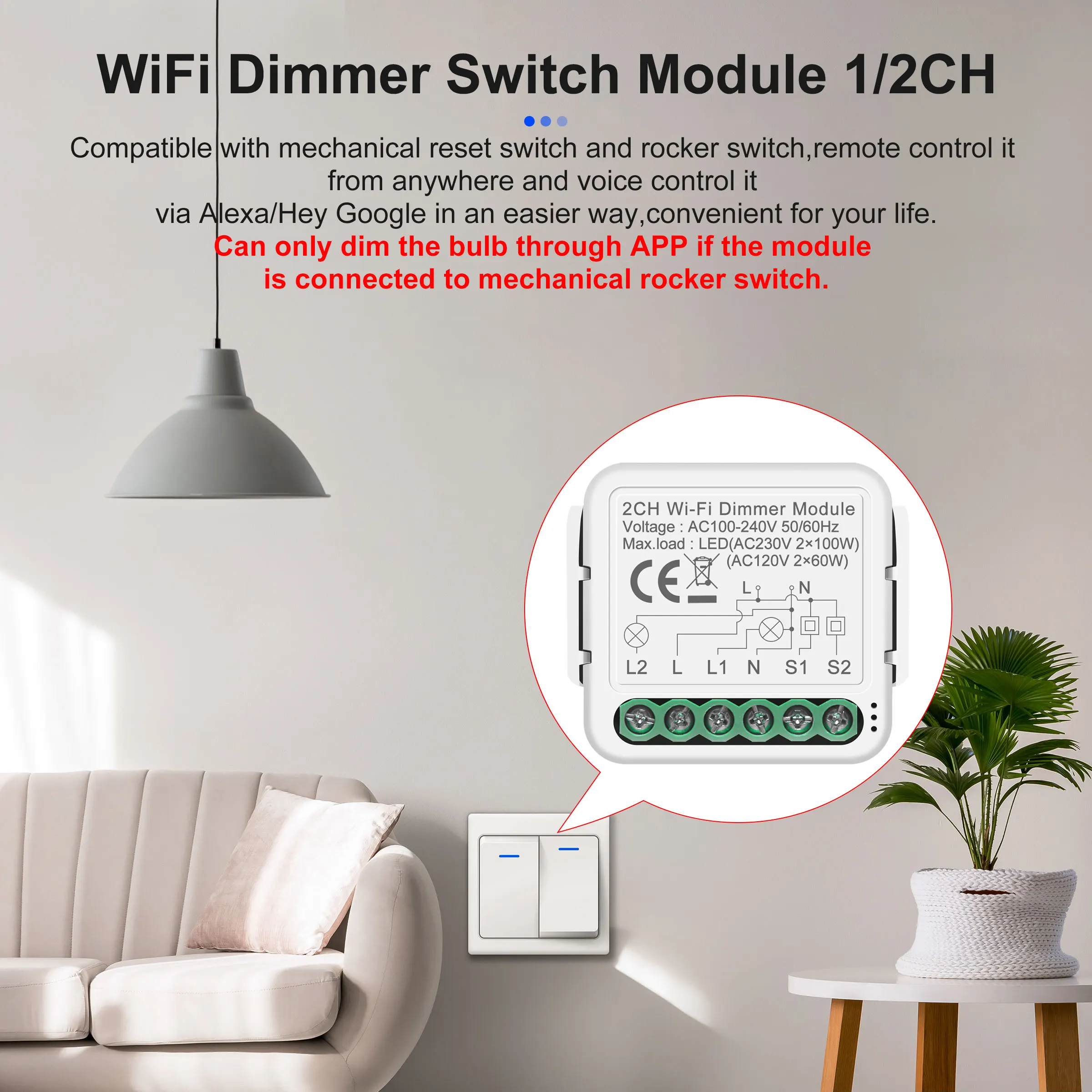 Smart switch modules GIRIER Tuya Smart WiFi Light/Curtain/Dimmer Switch Modules Support 2 Way Control Works with Alexa Hey Google Alice No Hub Needed