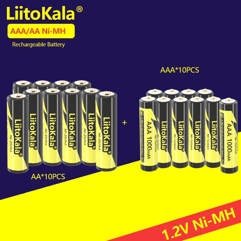 10 szt. Akumulatorów LiitoKala AAA 1000mAh/AA 2600mAh 1.2V Ni-MH do pistoletu termowizyjnego, pilota, myszy, zabawki, z pudełkiem