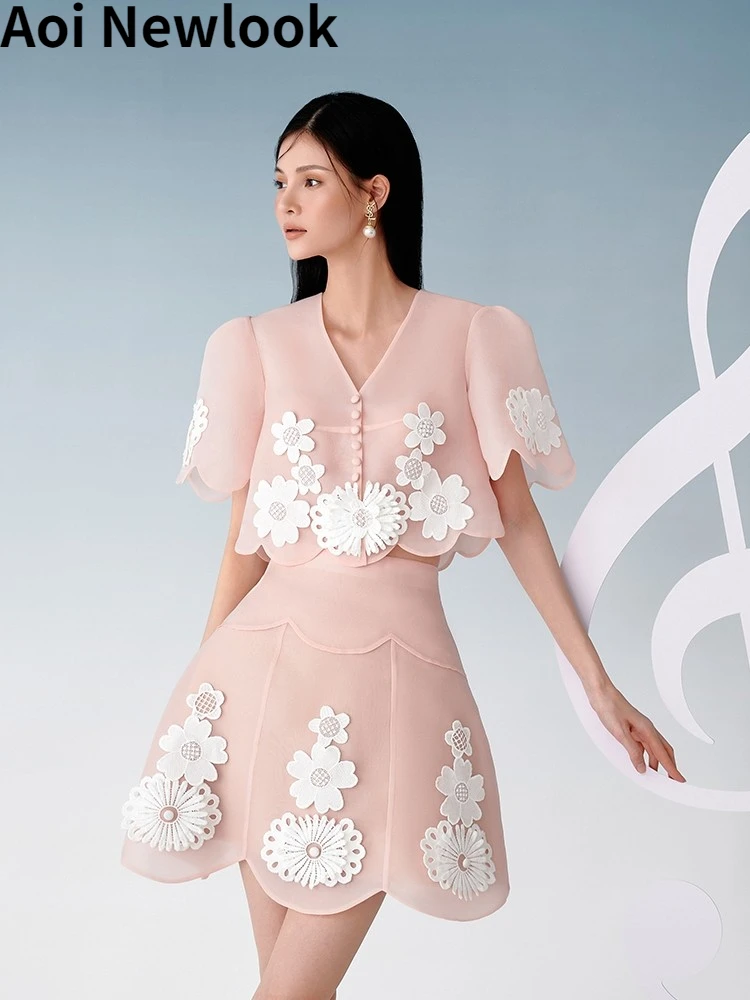 

Aoi 2023 Women Suit High Qualitty Y2k Designer Vestidos Spaghetti Three-Dimensional Flower Short Top+Skirt Socialite Fashion Set