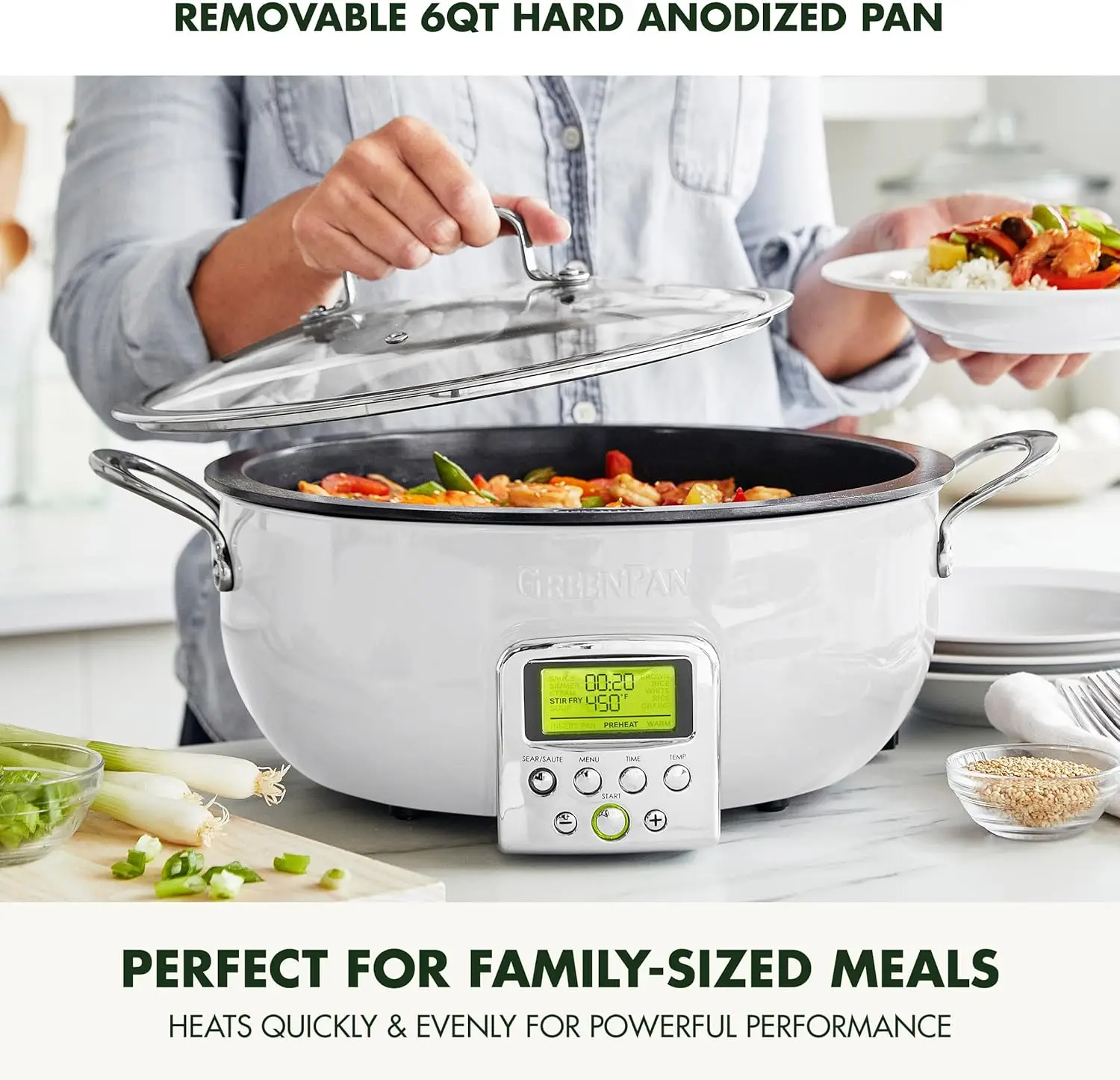 Smart Electric 6QT Skillet Pot,Sear Saute Stir-Fry and Cook Rice, Healthy Ceramic Nonstick and Dishwasher Safe Parts, Easy 3