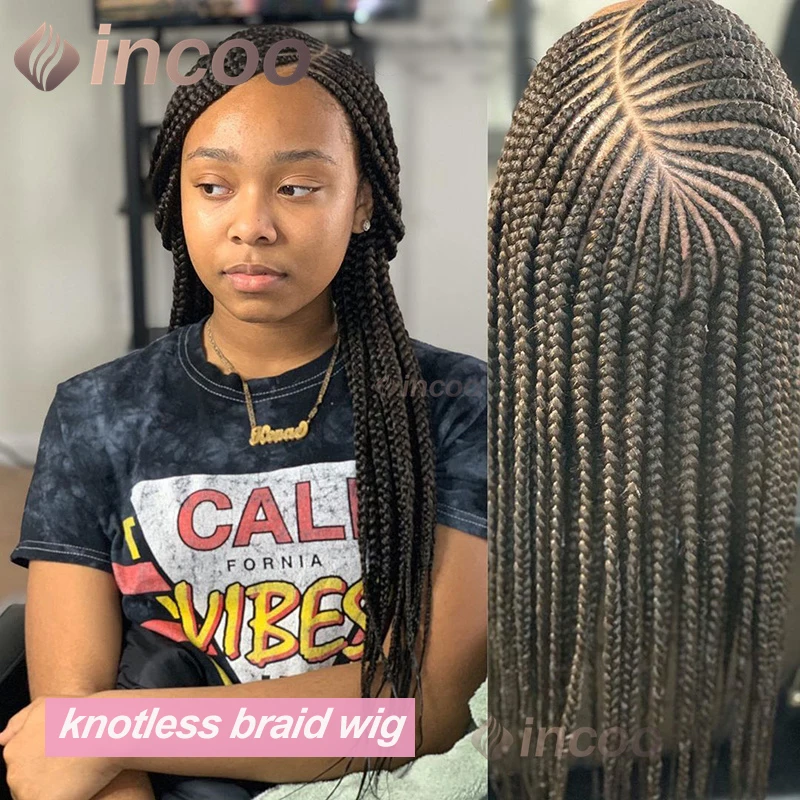 Incoo 360 Full Lace Frontal Synthetic Big Box Braided Wigs 36 Inch Preplucked Baby Hair Afro Knotless Braid Wigs Black Women