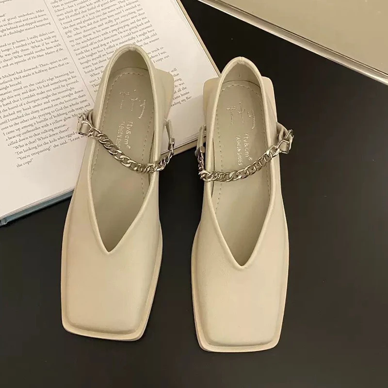 

2022chain flat sandals women's shoes spring and summer new short-footed Mary Jane shoes designer retro square head Mujer Zapatos