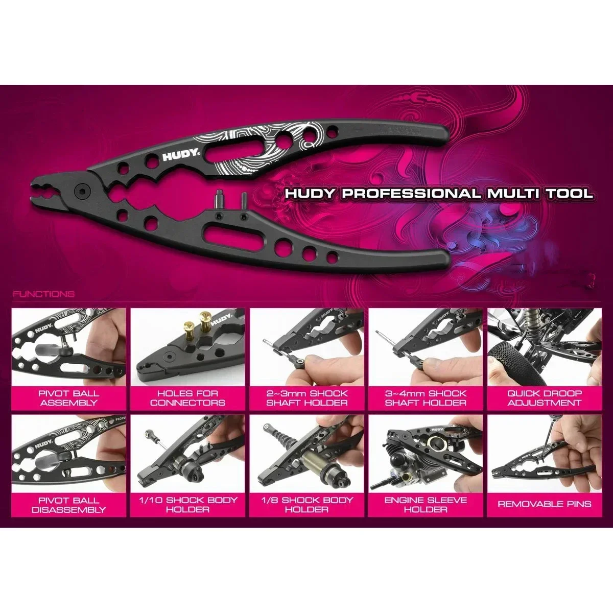 # 183011 Professionelle Multitool Metallklemme Stoßdämpfer Zange Kugelkopf Clip HUDY für RC 1/8 1/10 RC Car Crawler