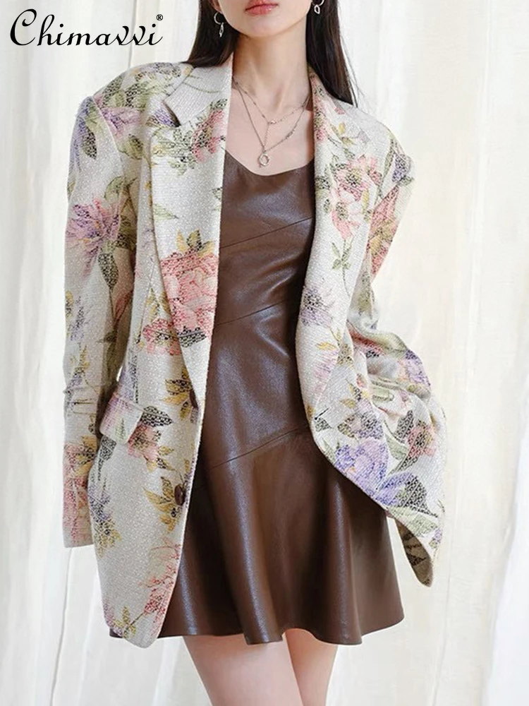 Retro Style Printing Lapel Long Sleeve Women's Suit Jacket 2023 Autumn Winter Fashion Loose Casual Single-Breasted Cardigan