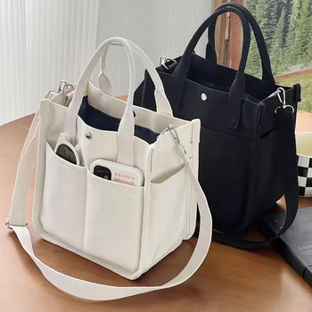 Small Canvas Tote Bag with Pockets Crossbody Bags for Women Cute Shoulder Purse Handbags Lunch Bag for Office Work 1