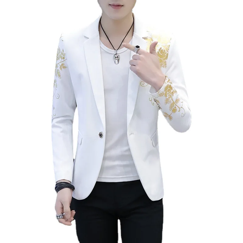 Gold Print Male Suit Jacket Autumn Fashion Black Purple Groom Wedding Dress Casual High-end Brand Handsome Young Men Blazer Coat