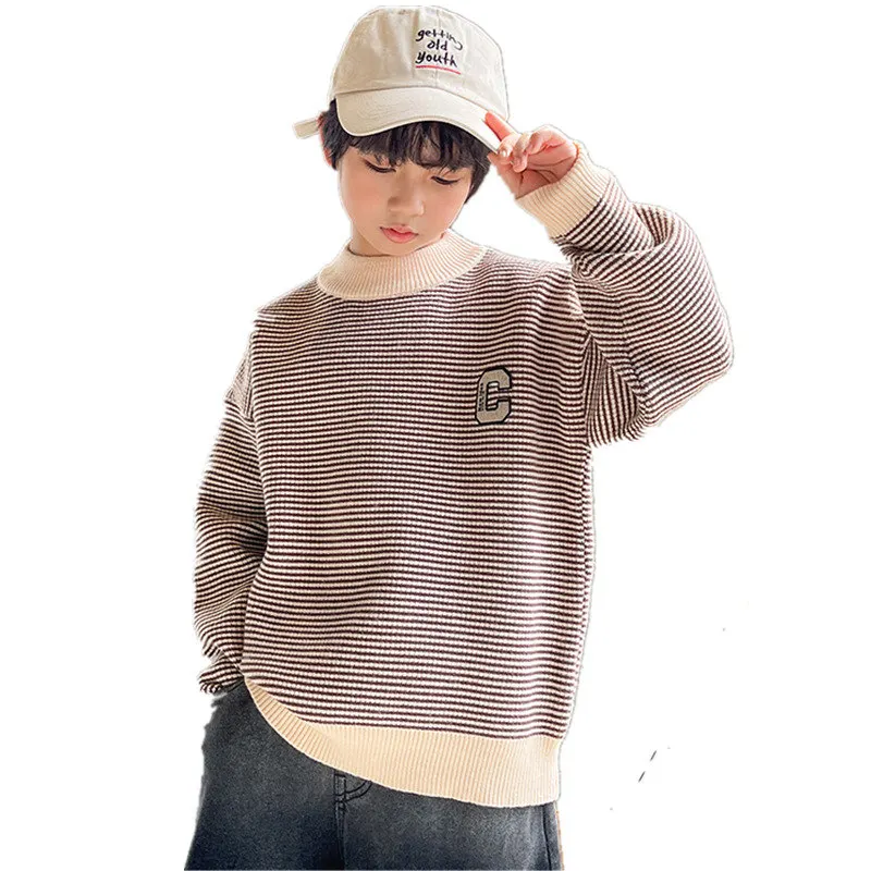 

5-14T Kids Tops Clothes Autumn Winter Boys Pullover Thicken Sweater Striped Long Sleeve Children's Knitted Sweater Korean Outfit