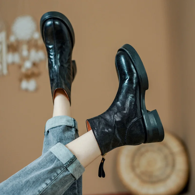 Platform Women's Chelsea Boots Street Style Winter Shoes Woman Sheepskin Shoes Spring Autumn New Back Zip Ankle Boots Thick Heel