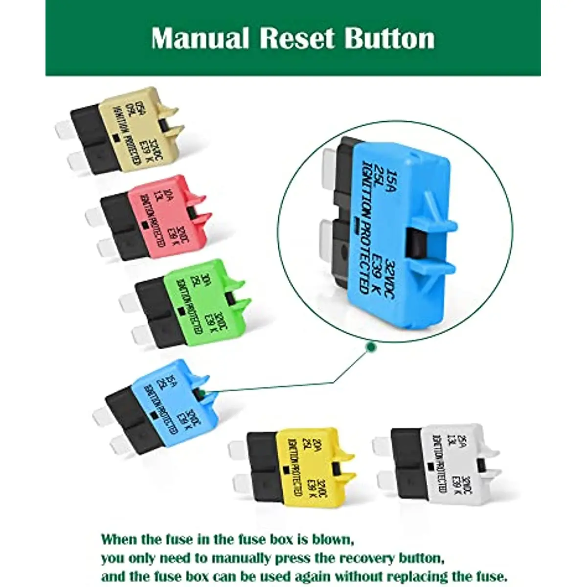 8 Packs Fuse Circuit Breaker Low Profile ATC/ATO Manual Resettable Fuse 5A-30A (Mixed) 12V-32V
