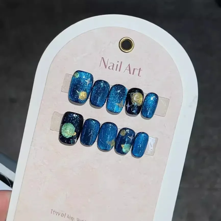 10Pcs Handmade Press on Nails Full Cover Blue Cat Eye Planet Short Ballerina Glitter False Nails Wearable Manicure Nail Tips Art