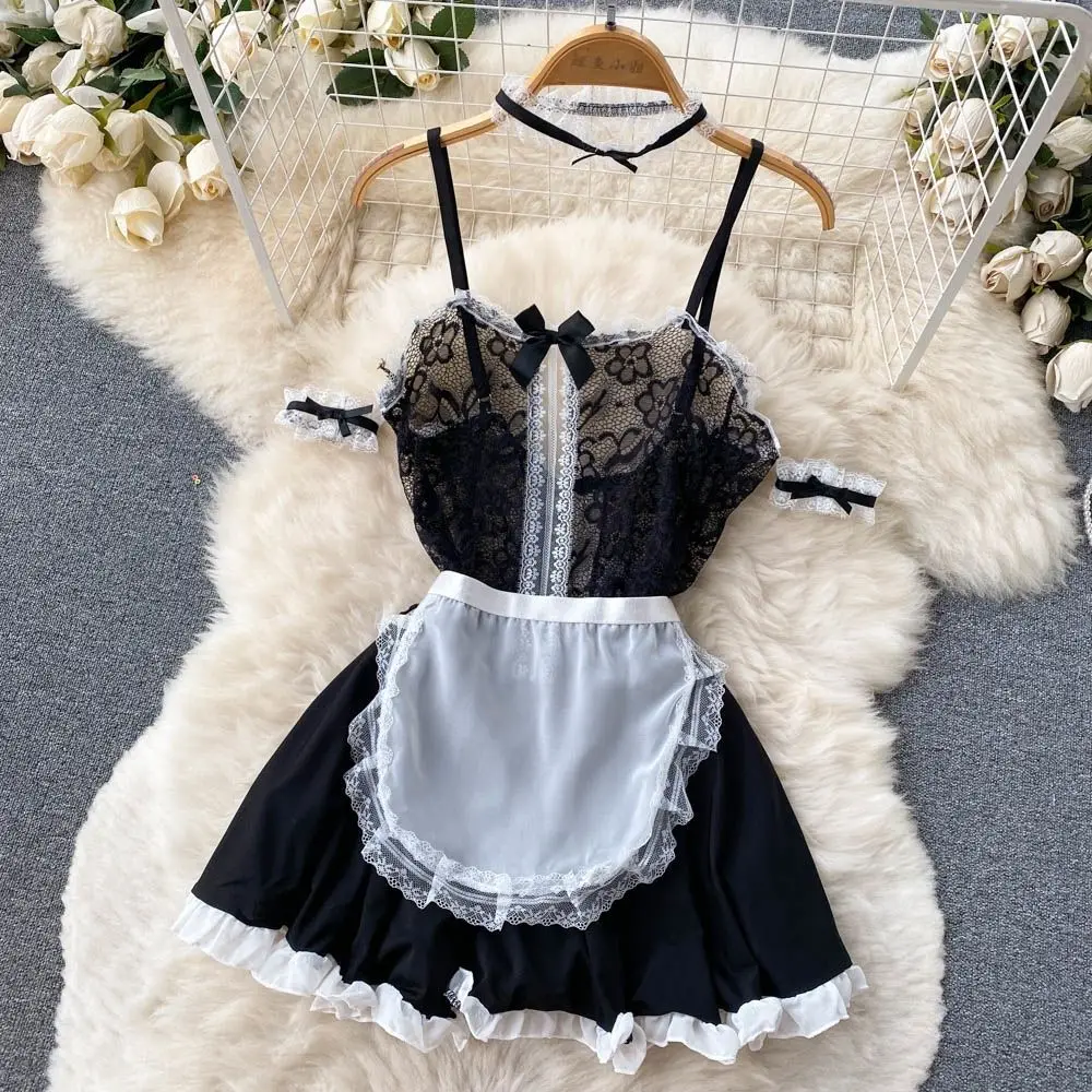 Sexy Maid Cosplay Uniform Lace Patchwork Women's Dress Backless Transparent Mini Skirt Apron Sensual Erotic Pajama Nightwear Hot
