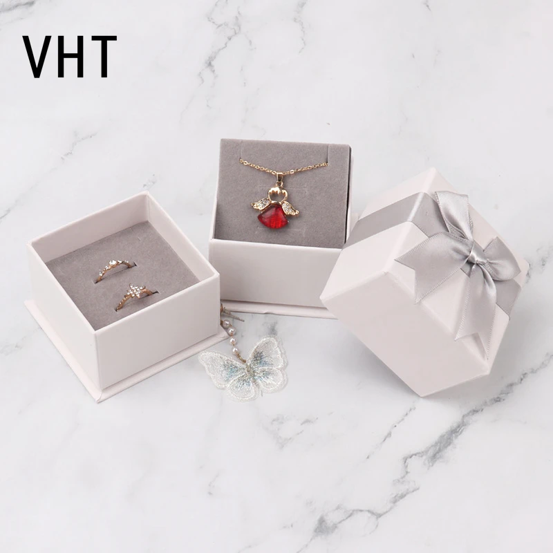 VHT High Quality Paper Jewelry Box Ribbon Design Necklace Earrings Ring Box Party Packaging Case Wholesale wedding ring box christmas party gift packaging supplies pink and green velvet jewelry packaging boxes necklace pendant holder