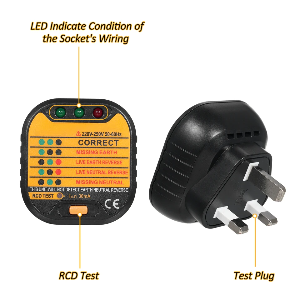 Tester Presa Di Rete UK CA48 Con LED Indicatore Errore - Controllo Filo Elettrico Difettoso