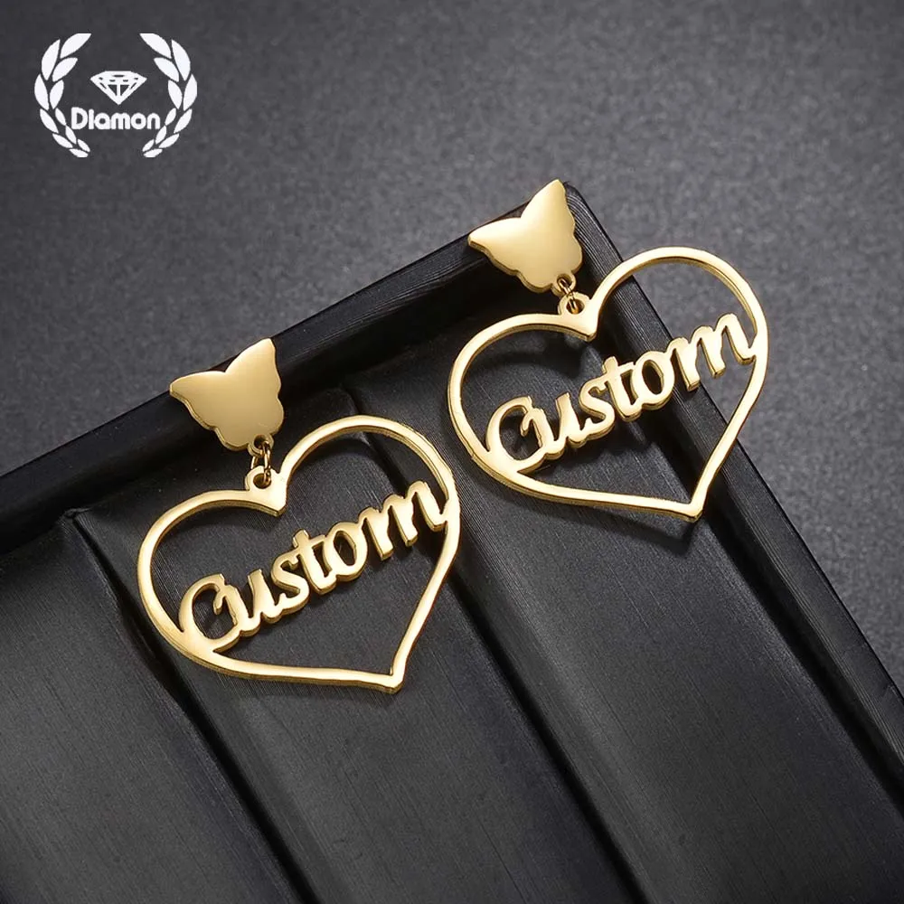 

Diamon Personalized Name Heart Stud Earrings for Women Stainless Steel Custom Letters Gold Color Earrings Birthday Jewelry Gift