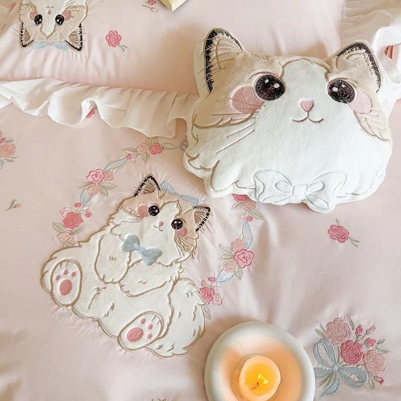 Pink Pure cotton cute cartoon cat embroidery 3/4Pcs Girls children's room bedroom bedding set ins style quilt cover bed sheet