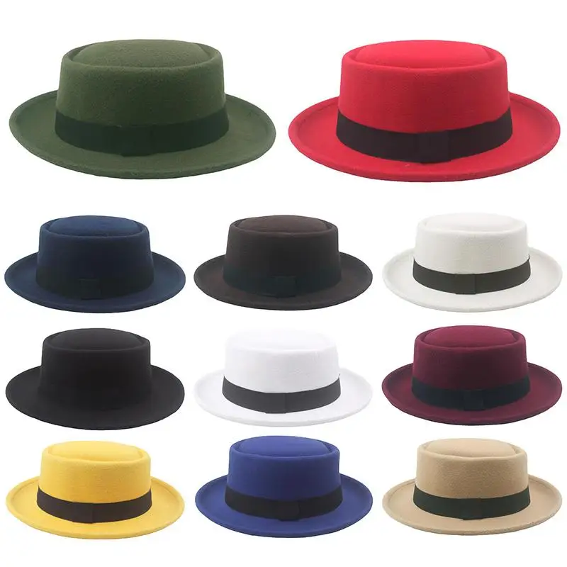 

Flat Top Fedoras Jazz Hats For women Men Solid Color Imitation Woolen Jazz Cap British Style Wide Brim Ladies Bowler Hats Fedora