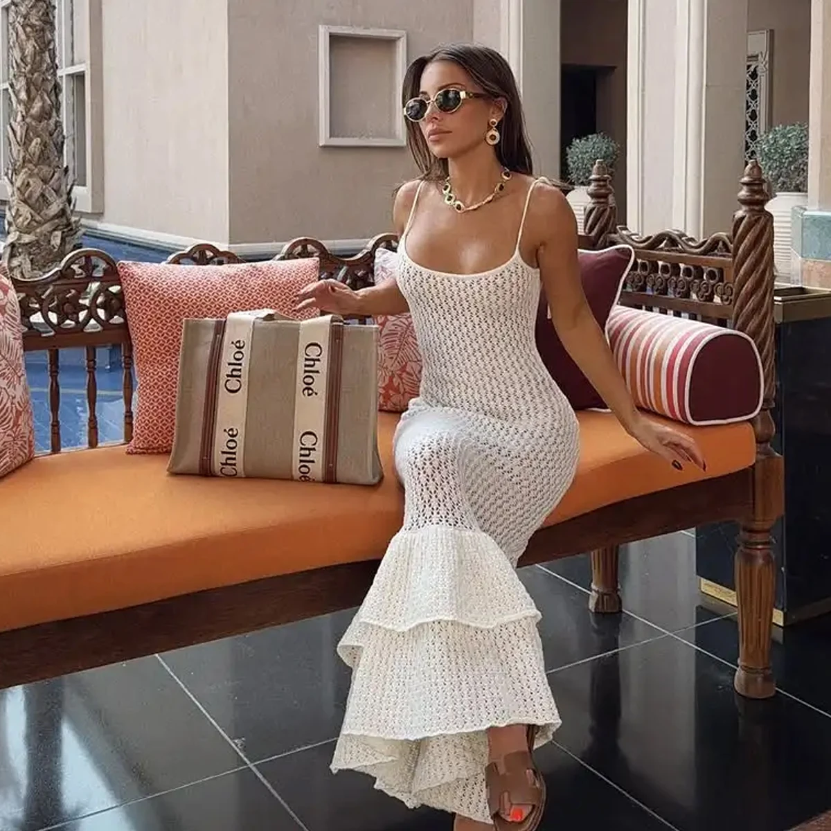 Fashion Style Pool Party Knit Bikini Cover Up Solid Color Double Flounces Slip Dress Sexy Hollow out Beachwear Tie Up Cover-ups 1
