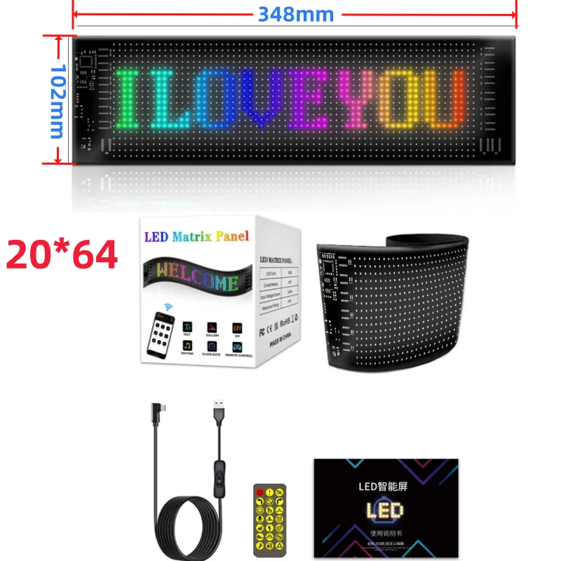 

Гибкая матричная Пиксельная панель USB 20*64, 5 В, модифицируемая RGB-модель граффити, прокрутка текста, анимация, Автомобильный знак, дисплей для рекламы