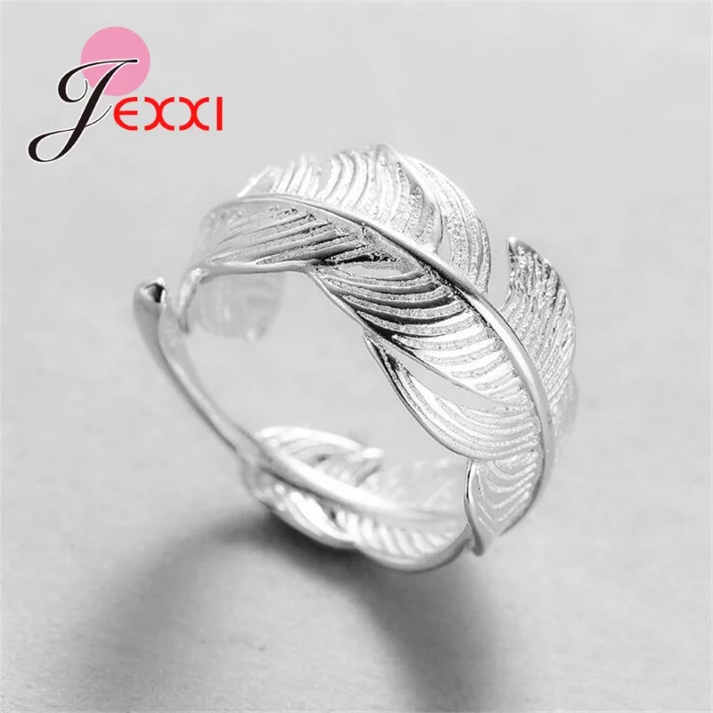 Silver Ring 925 Sterling Silver Feather Shape Open Finger Rings For Women Crystal Jewelry Christmas Gift Adjustable