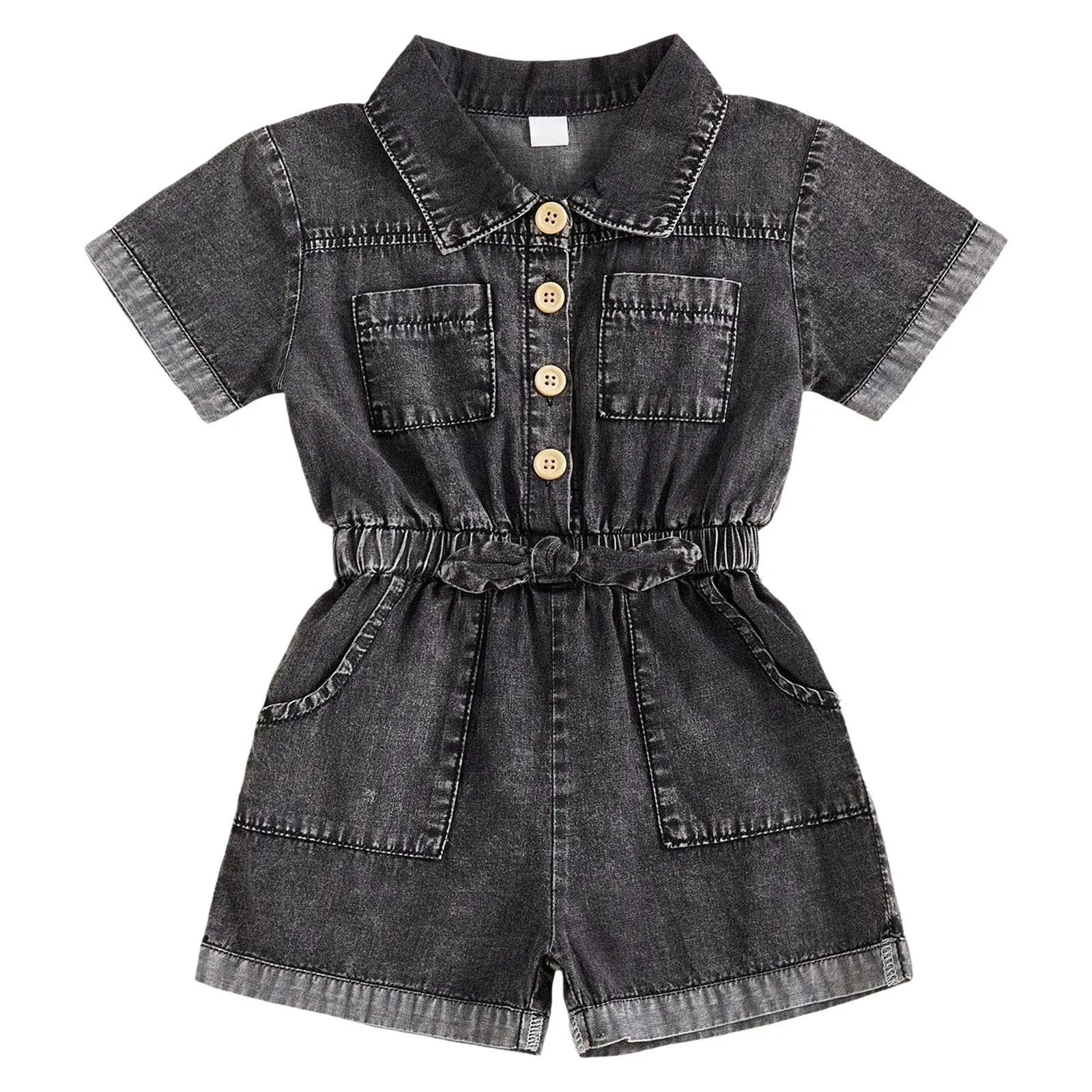 Toddler Girls Denim Overalls Shorts Short Sleeves Turn Down Collar Button Down Elastic Waist Children Jean Jumpsuit 1-4T 2
