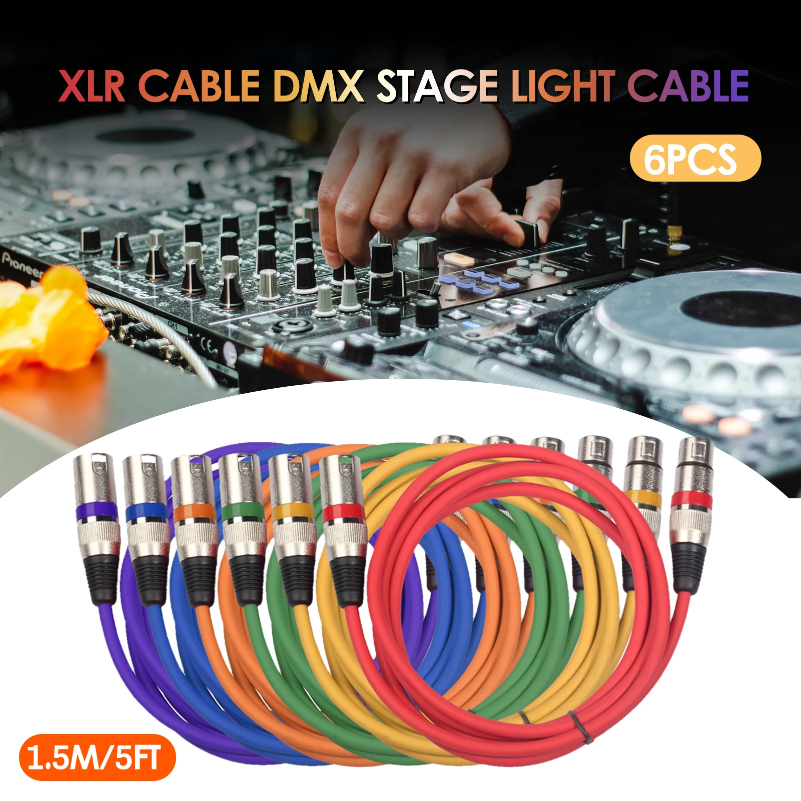 

6 шт. 1,5 м/5 футов XLR кабель DMX для сцены, Трехконтактный XLR штекер-гнездо, ПВХ разъем для прожектора, тройной микрофон