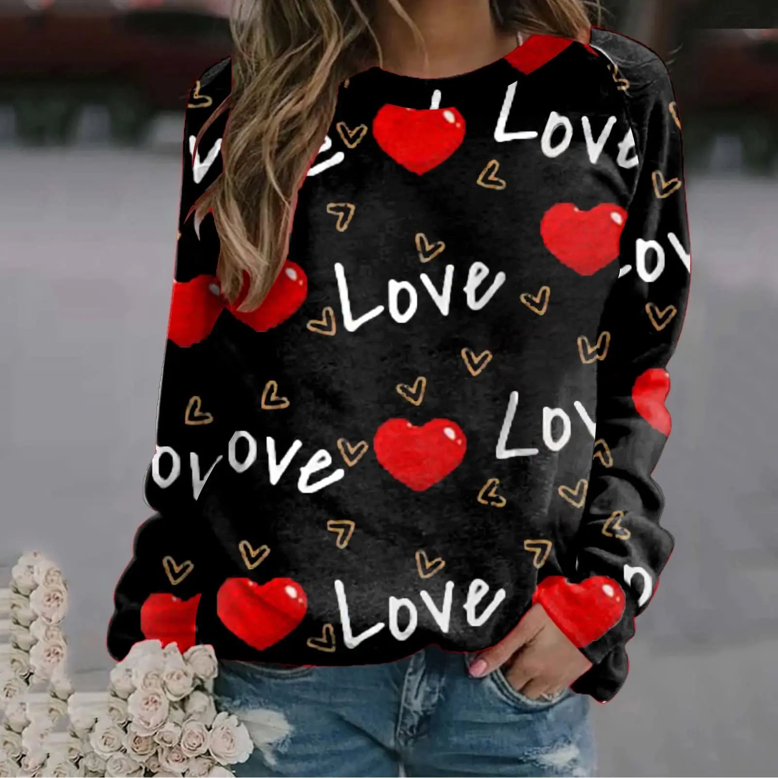 

Valentine's Day Women Casual Sweatshirts Heart Angel Baby Letter Print Long Sleeve Round Neck Loose Autumn Pullover Tops Hoodies