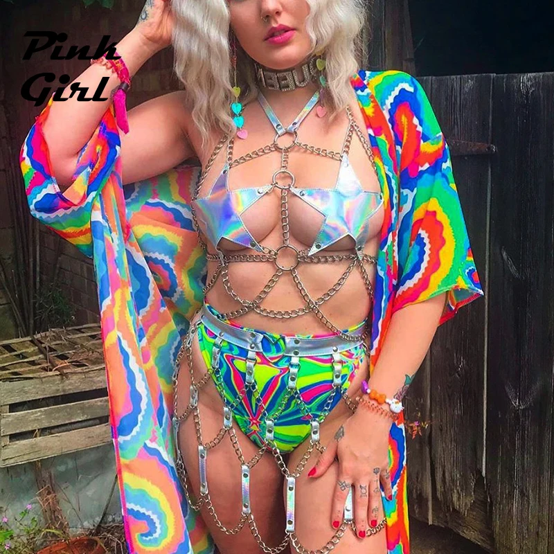 

Laser Two Piece Set Women Halter Hollow Out Metal Link Chain Pentagram Bra Top Hot Grid Skirt Rave Festival Lady 2 Piece Outfits