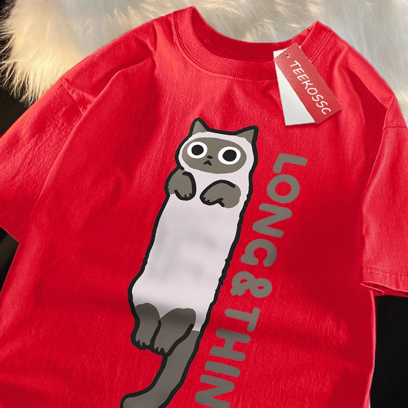 Fun Slender Gray Cat Print Japanese Style Clothes Man Casual Loose Tshirts O-Neck Summer T-Shirts Simplicity Cotton Short Sleeve