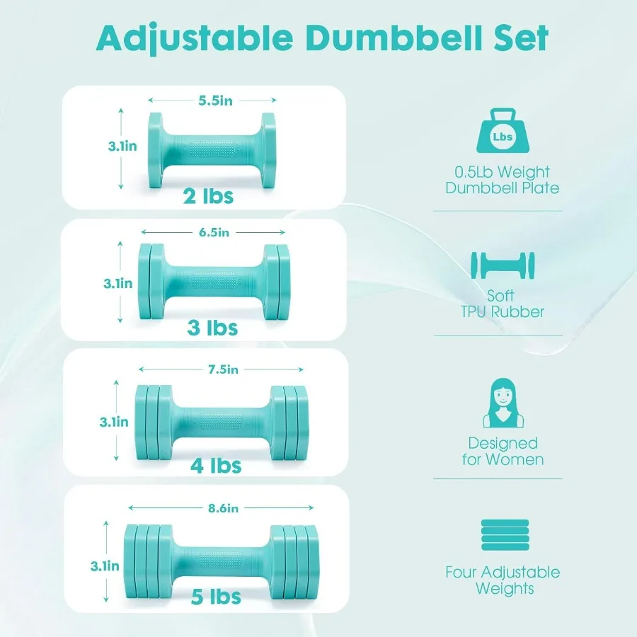 Adjustable Dumbbell Set, 4 in 1 Free Weights Dumbbells Set for Women, Weights for Women at Home, 2lb 3lb 4lb 5lb with TPU Soft R