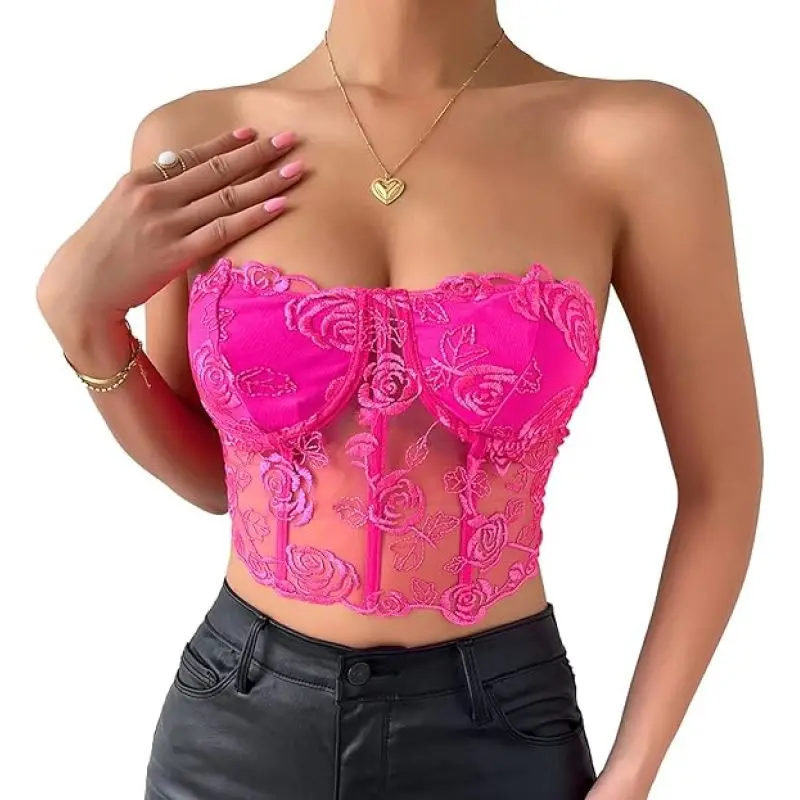 Women's Lace Corset Top Strapless Backless Floral Lace Mesh