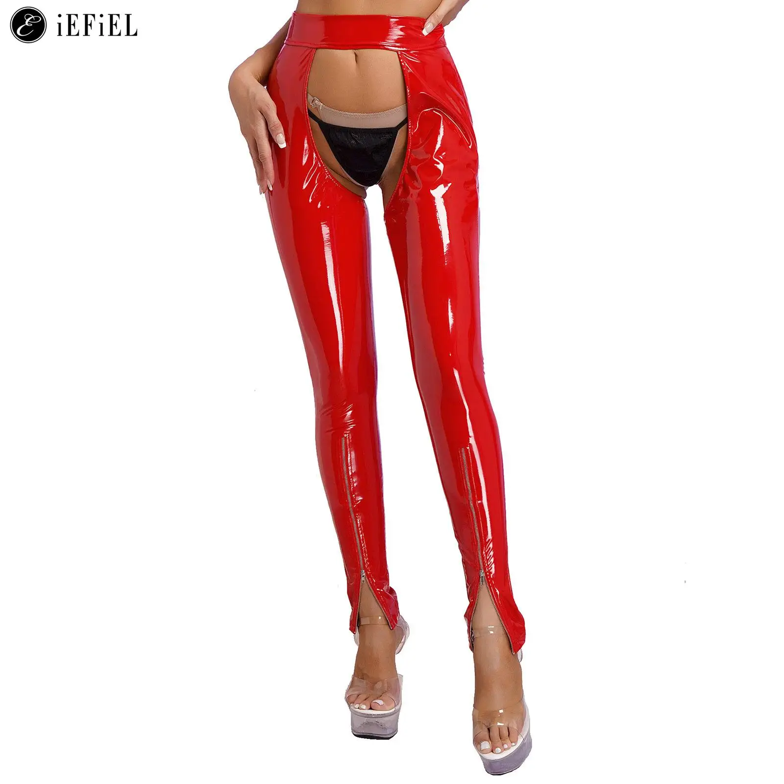 Women Leggings Womens Wet Look Faux Leather Hollow Out Crotchless Leggings Long Pants Stretchy Cutout Open Butt Skinny Trousers Clubwear