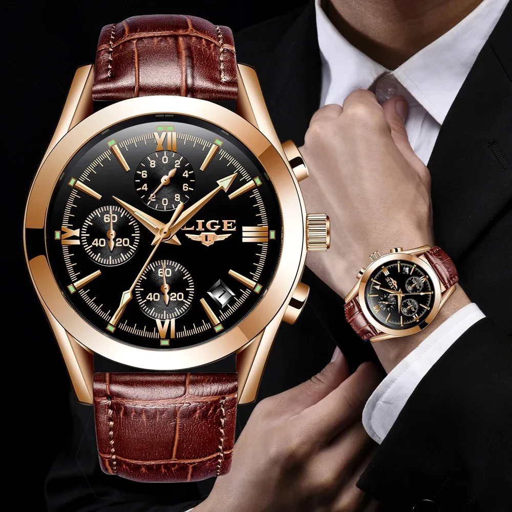 LIGE Luxury Men's Waterproof Leather Chronograph Watch