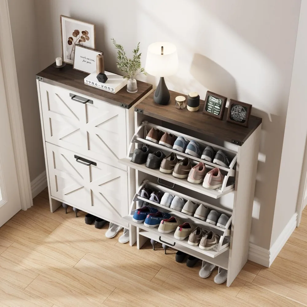 Farmhouse Slim Shoe Cabinet with 2 Flip Drawers,Narrow Rack Cabinet for Entrance Hidden Shoes, Shoe Cabinets 6