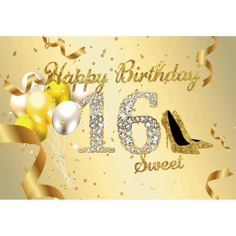 반짝이는 다이아몬드 테마의 16번째 생일 파티 배너 배경, 달콤한 핑크색 반짝이는 풍선 생일 파티 사진 배경