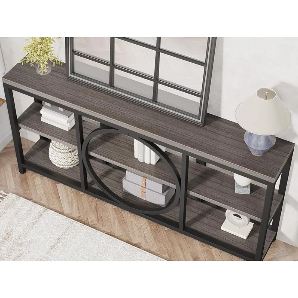 70.9 inch Sofa Console Table, Extra Long Narrow Entryway Tables with 3 Tier Wood Storage Shelves Metal Frame Black  Gray 4